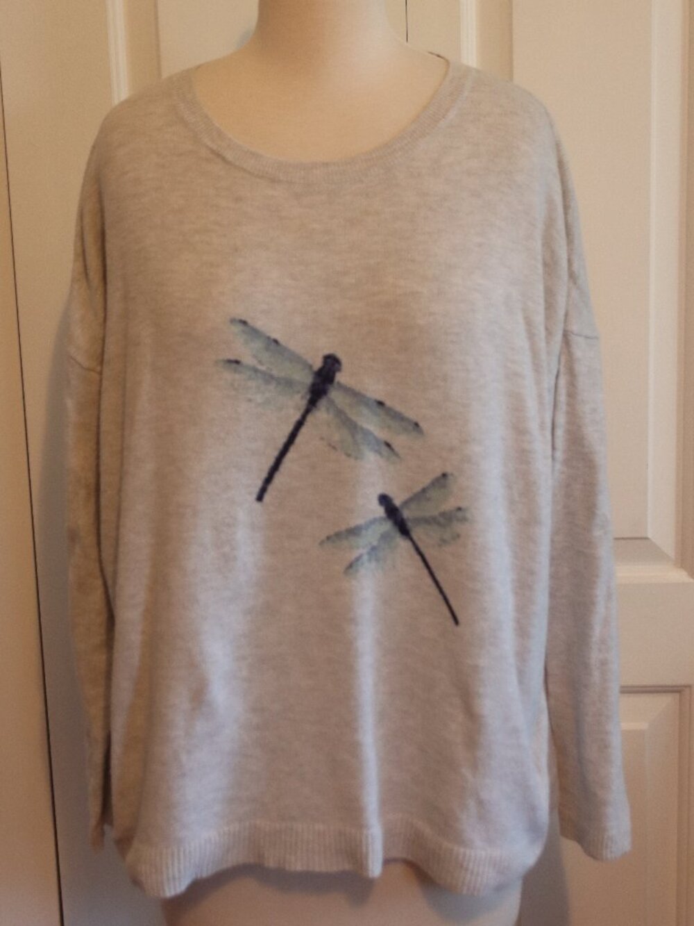 J. Jill Dragonfly Pullover Sweater Lightweight Light Grey Relaxed Fit Petite Med